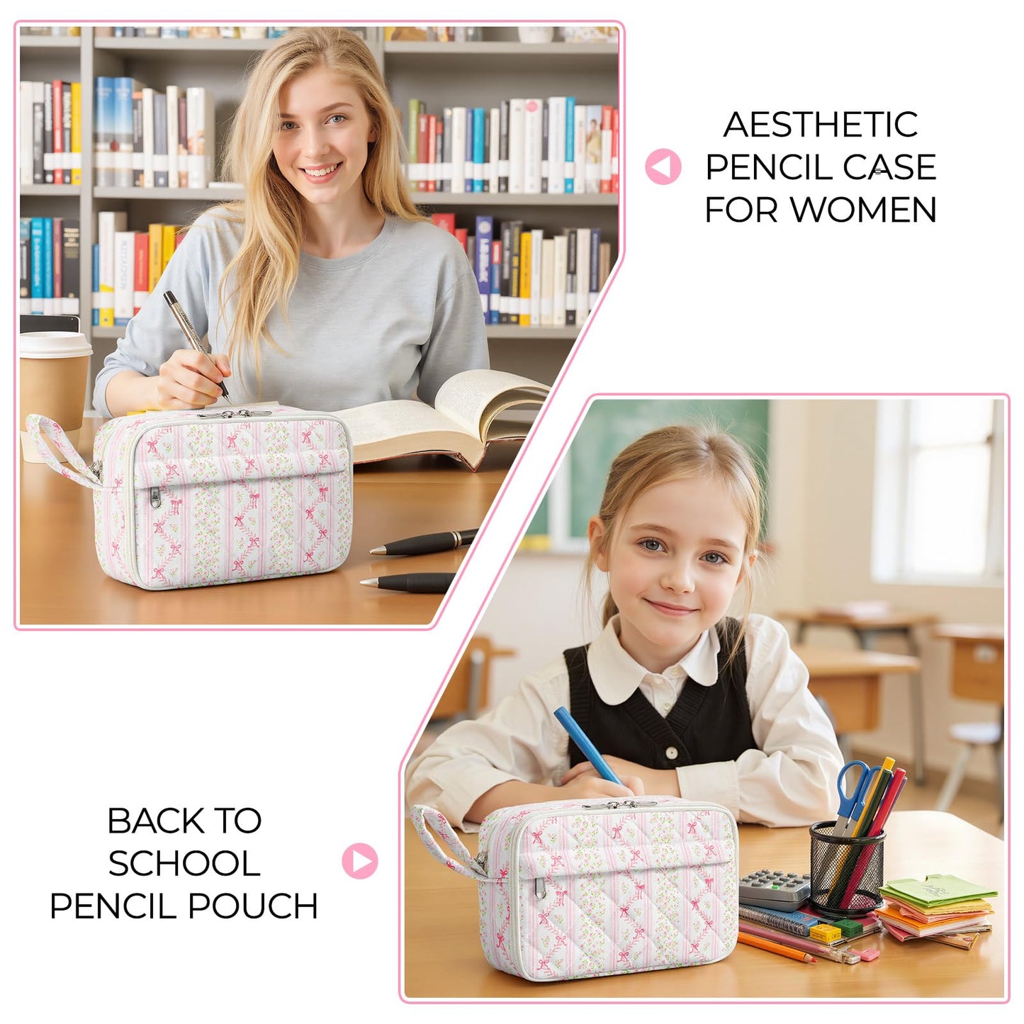 WOBAGMEN Quilted Pencil Pouch for Girls Women, Large Pencil Case Pouch with Compartments Cute