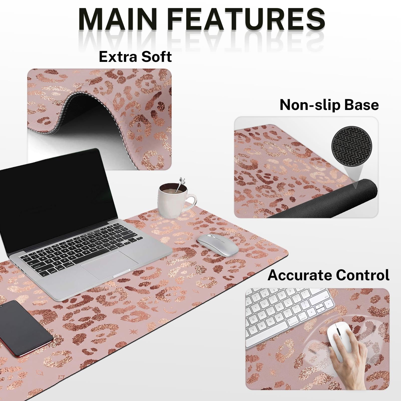 Arttown Keyboard Mouse Pad Set, 4 in 1 Desk Mat Set Leopard Rose