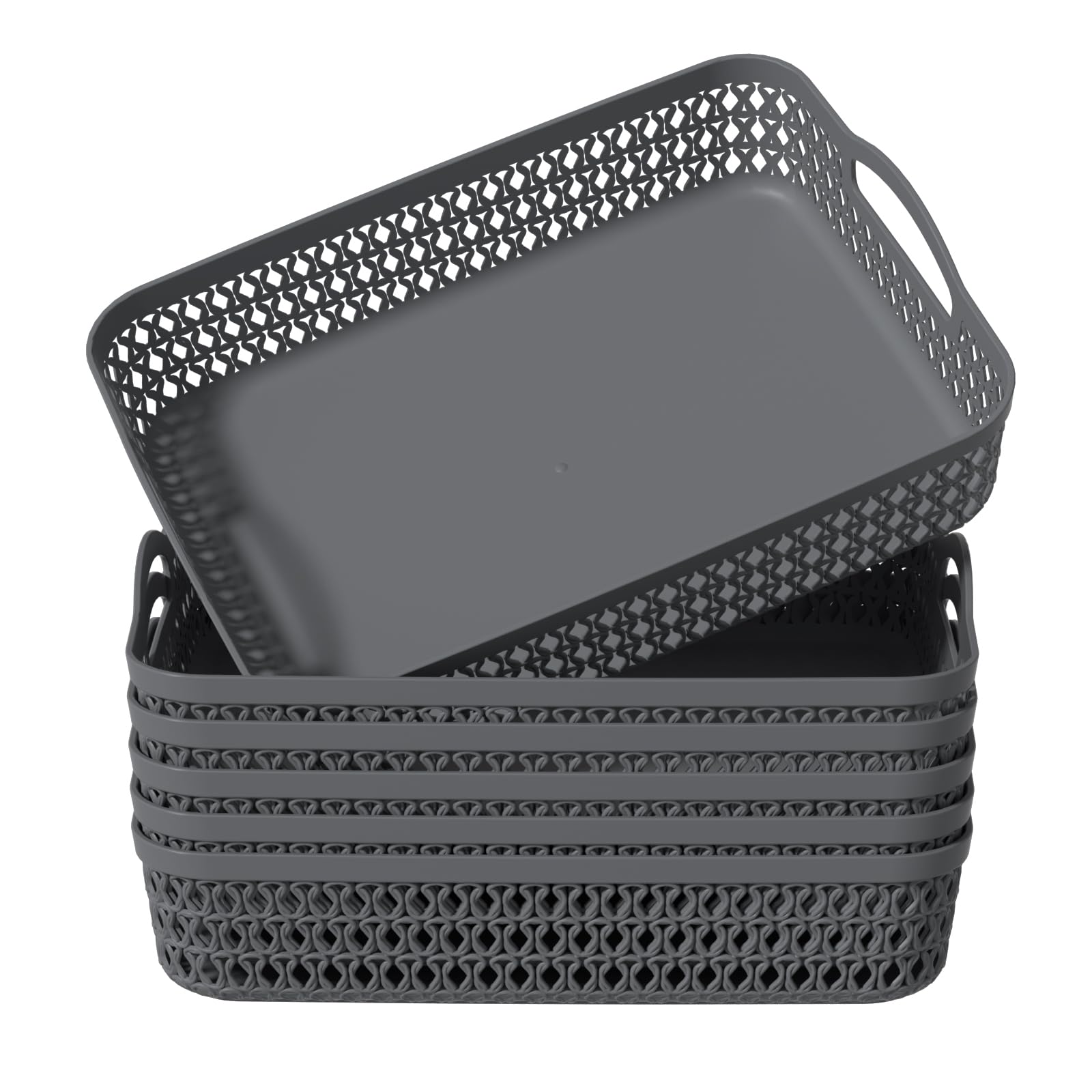 Kekow Plastic Storage Tray Basket with Handle, Set of 6, Gray