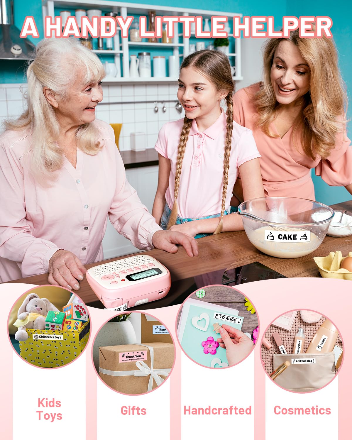 EazeID D210S Pink Label Maker Machine with-Tape, Portable Kids Label Maker