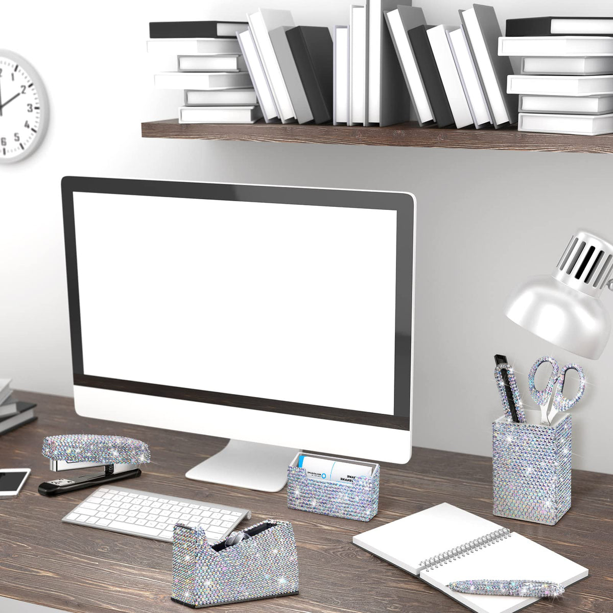 Demissle White 7 Pcs Bling Desk Accessories Set Office Kit for Women