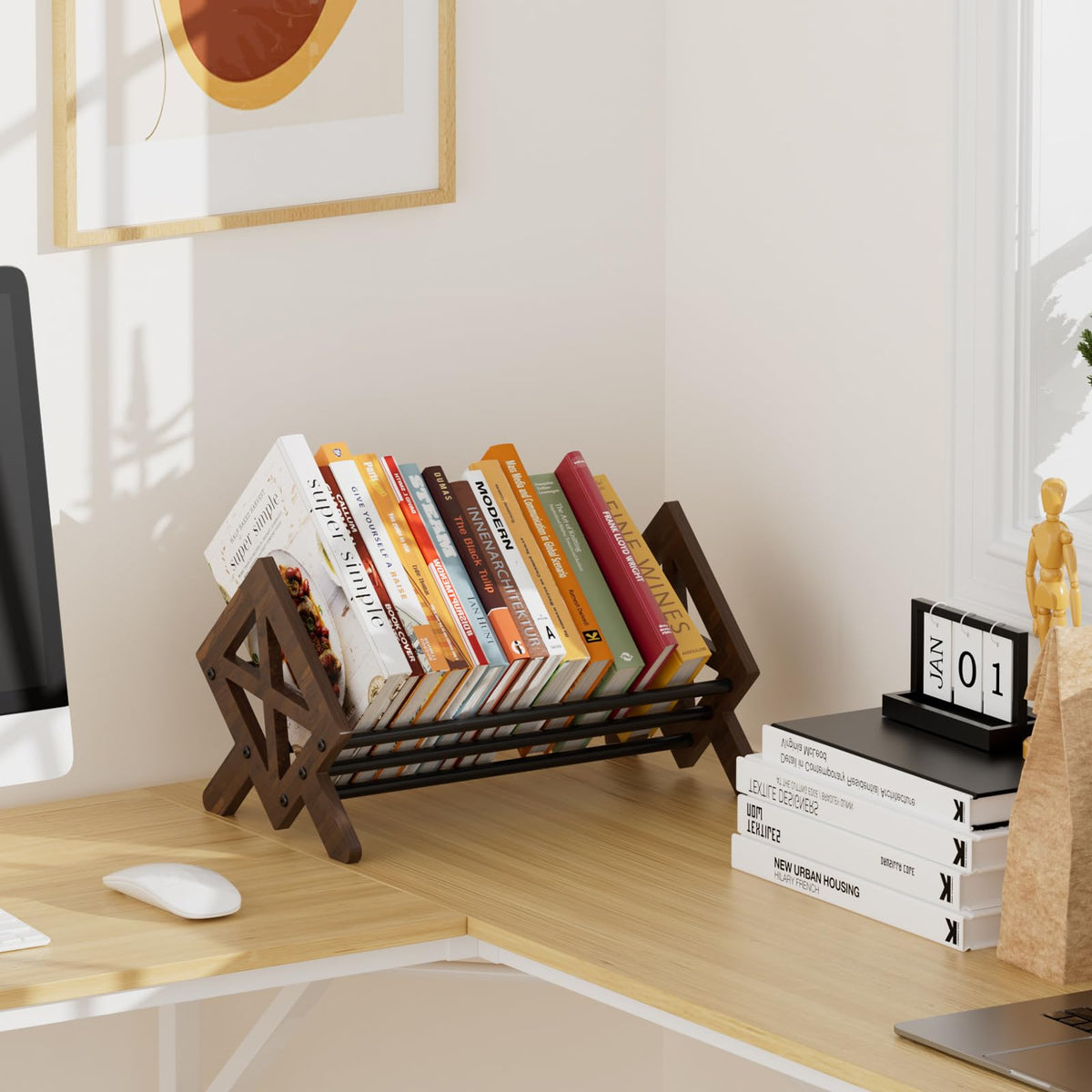 ART-GIFTREE Desktop Bookshelf Organizer, Wood Office Tabletop Book Storage Rack, Tilting Bookcase