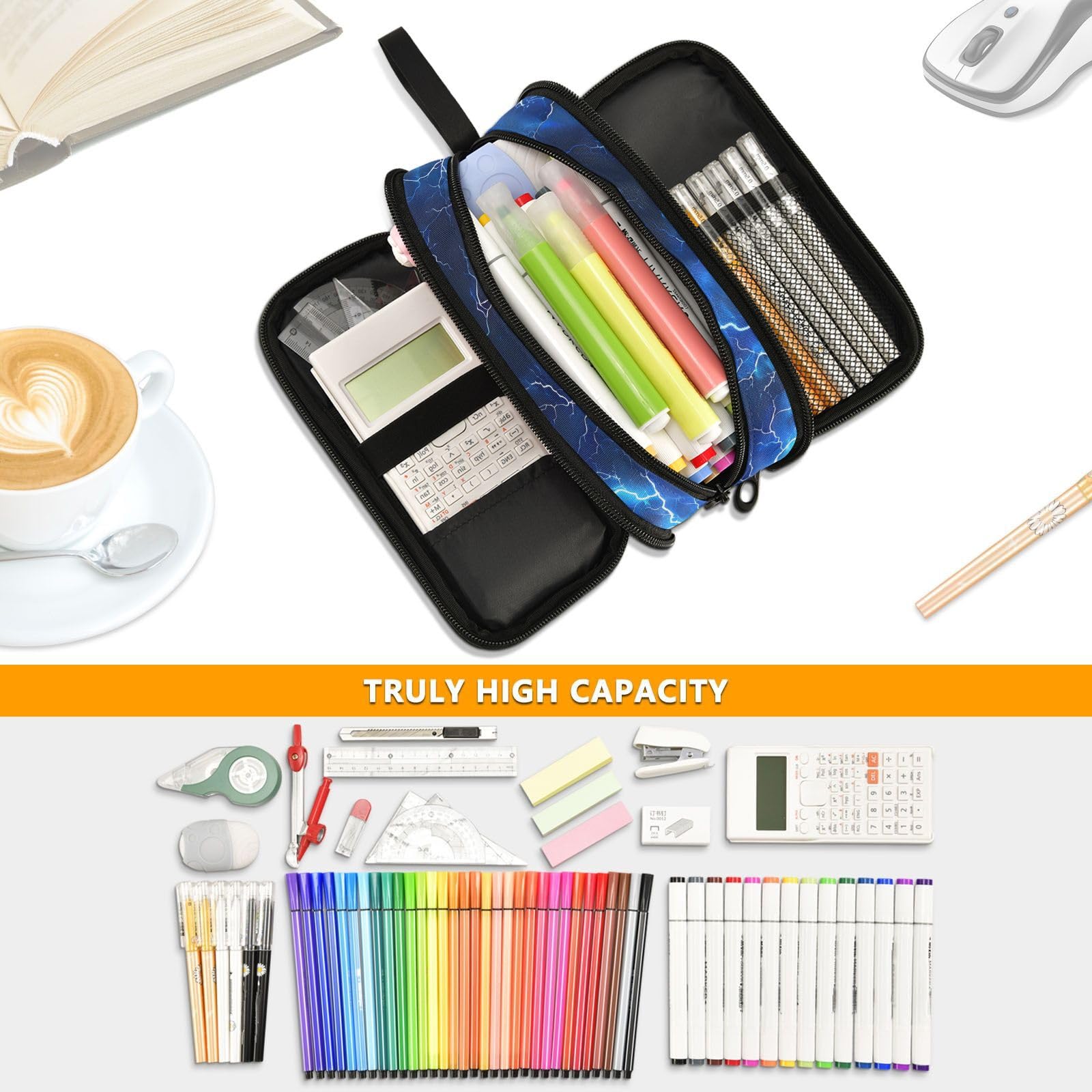 BOENLE Blue Electric Lightning Pencil Case Box Boys Girls Large Pencil Pouch Zipper Compartments