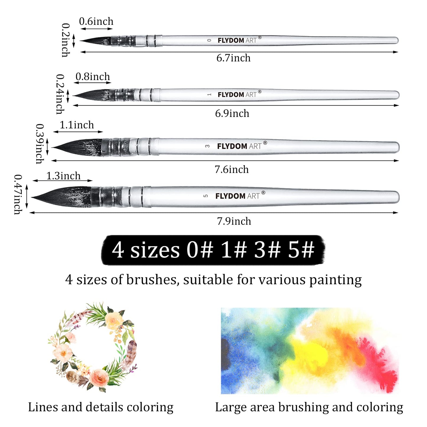 FLYDOM ART Watercolor Paint Mop Brushes Set, Mop Paint Brushes,Soft Synthetic Squirrel Hair