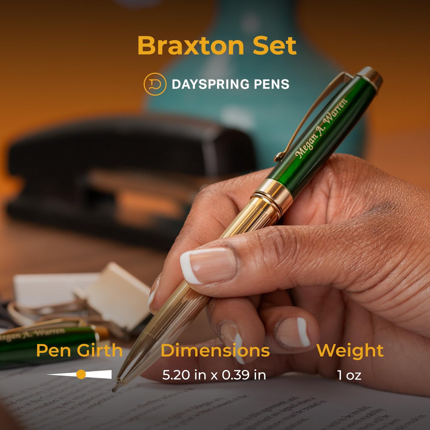 Braxton Personalized Ballpoint and Rollerball Set, Green Lacquer, 18K Gold