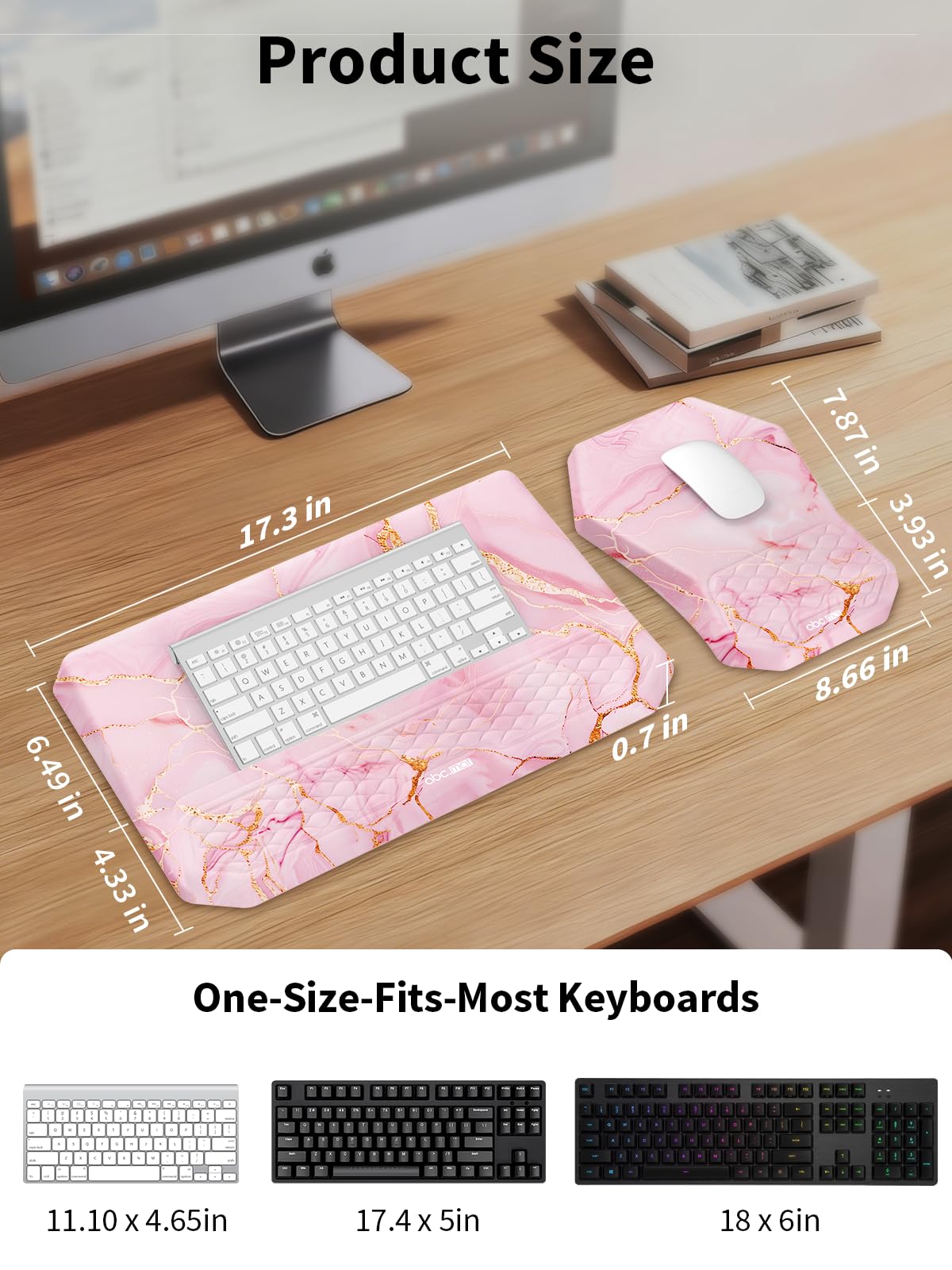 3-in-1 Ergonomic Keyboard Stand with Wrist Rest & Mouse Pad Set,Pink Marble