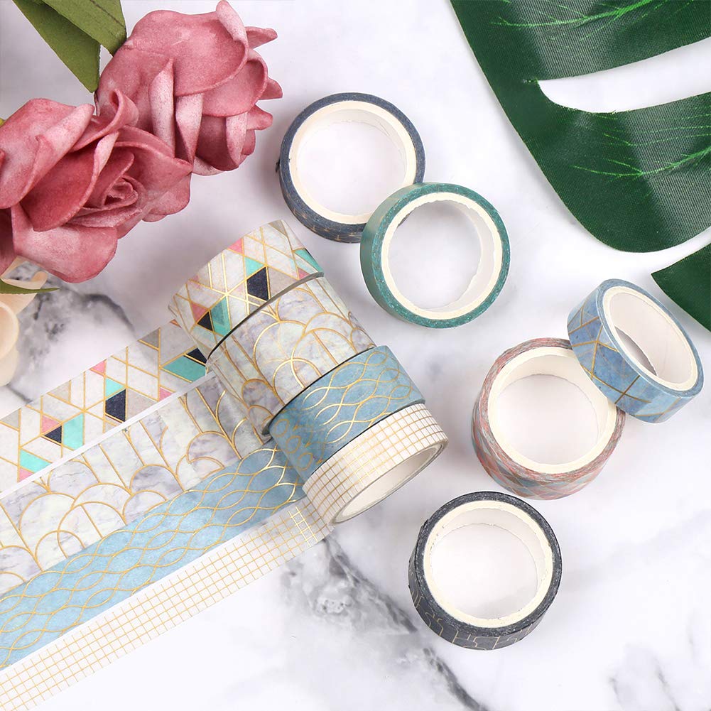 CCINEE 10 Rolls Washi Tape Set,Geometric Gold Foil Decorative Masking Tape for Bullet Journal