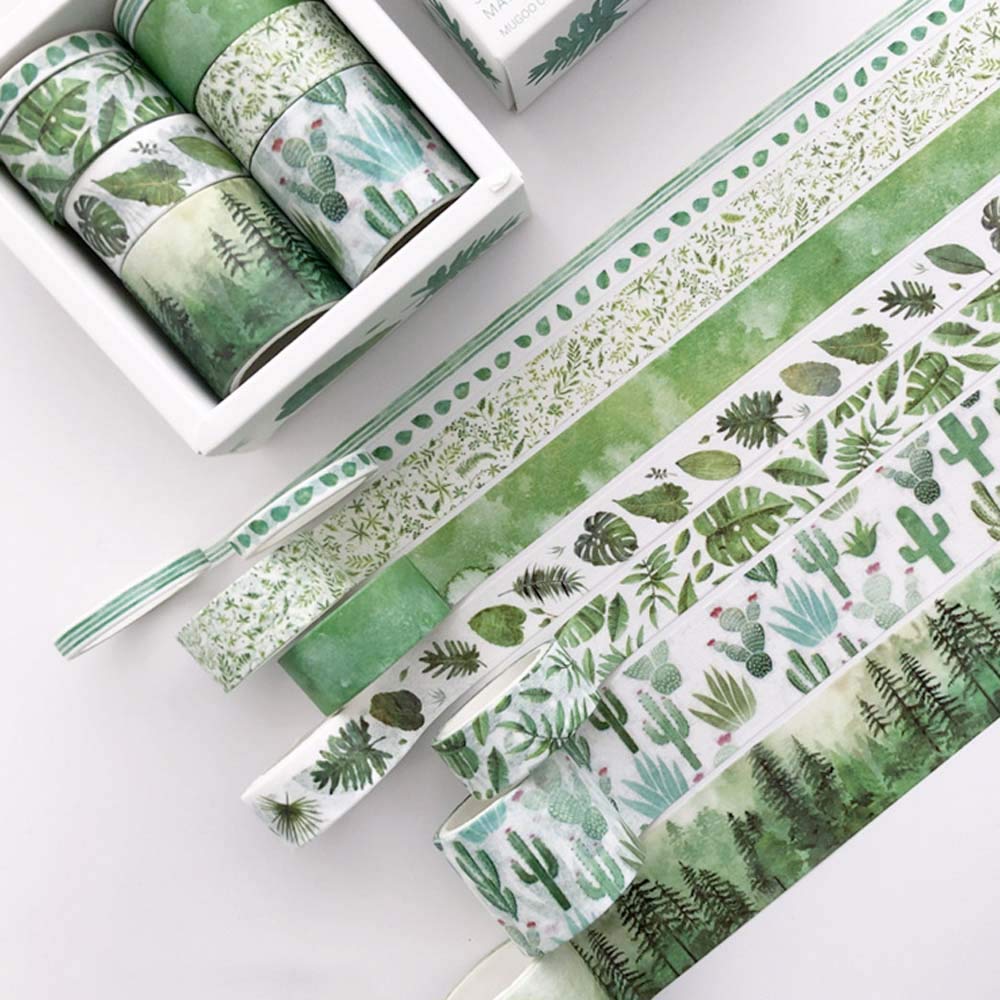 8 Rolls Washi Tape Set, Cute Green Plants Floral Animals, Decorative Tape for Scrapbooks, Journals