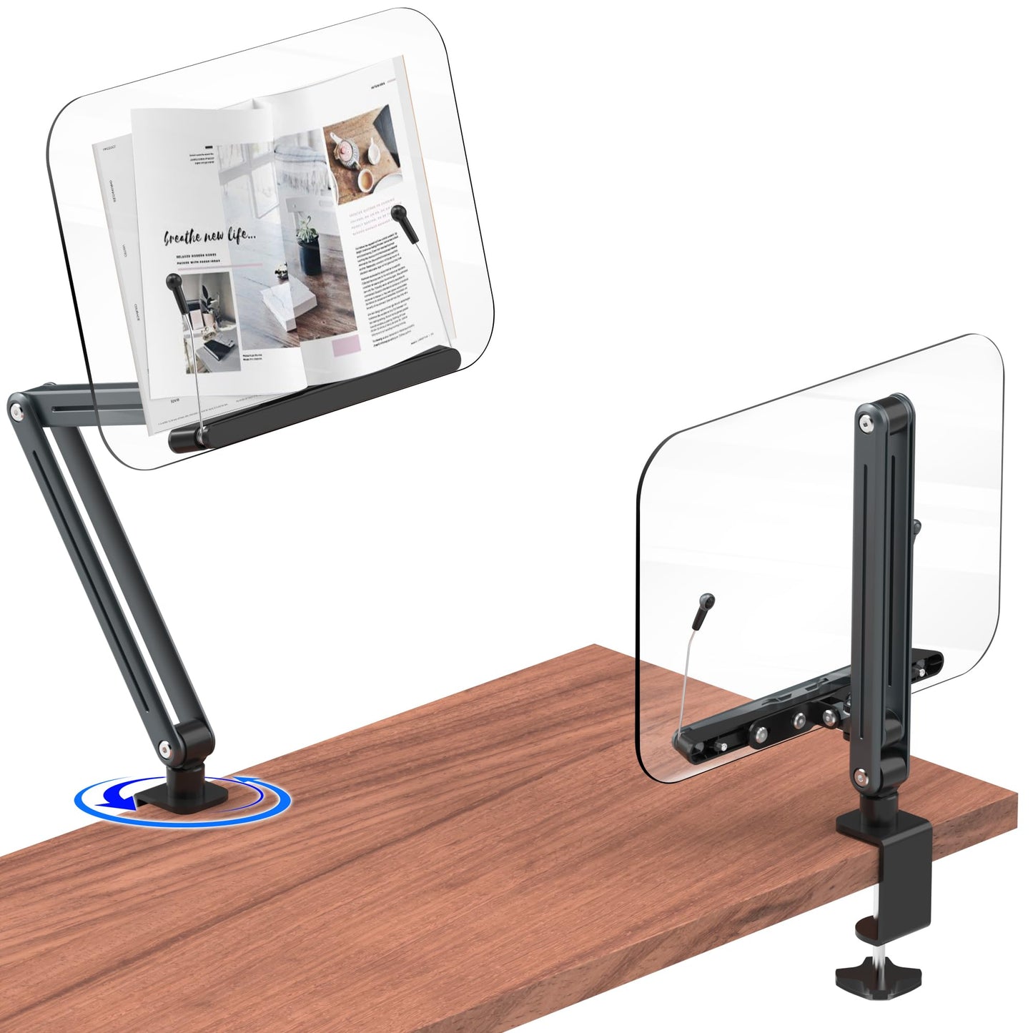YCNEW Desk Clamp Acrylic Book Stand for Reading, Ergonomic Design Adjustable Height up to 20 inches