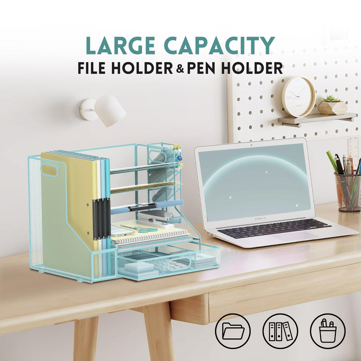 5-Tier Desk Organizer with File Holder & Pen Holder & Sliding Drawer, Blue