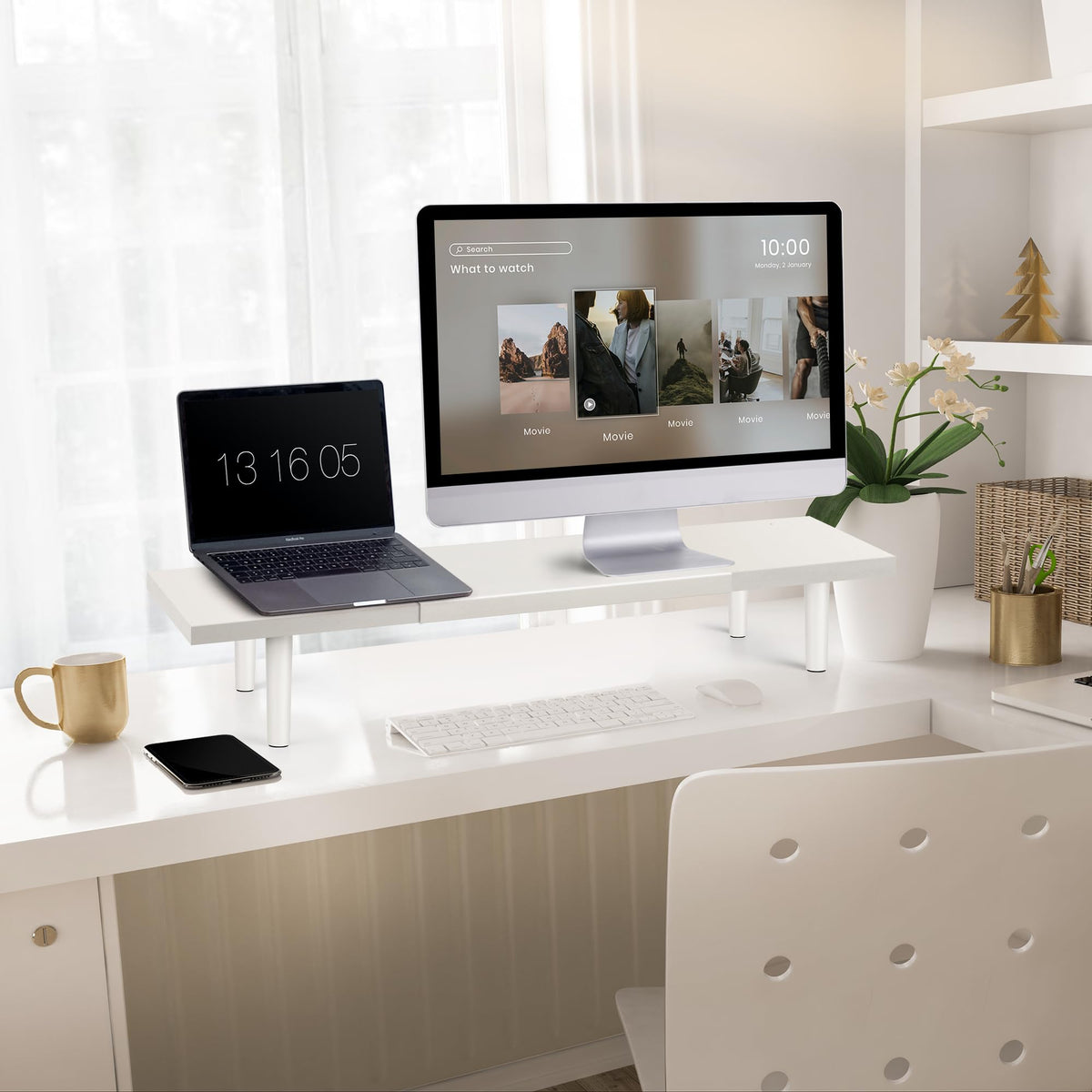 Across-Star Dual-Monitor-Stand-Riser-For-Desk Adjustable Length 32-40 Inch，Large Desktop Computer