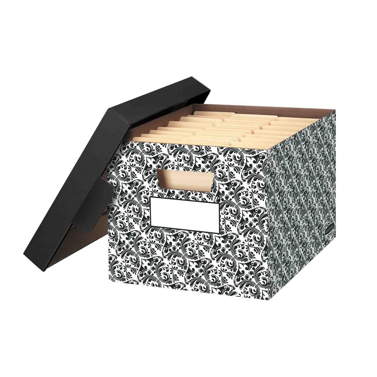 Bankers Box 4-Pack Brocade Design, Medium Duty File Storage Boxes with Lids, FastFold Assembly