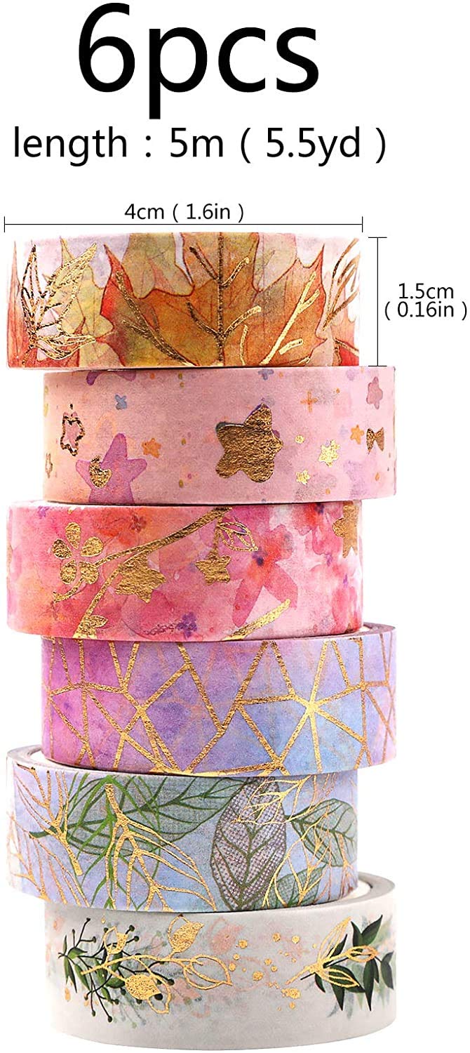 YUBX Flowers Washi Tape 6 Rolls Gold Foil Decorative Paper Masking Tape for Scrapbooking, Craft and