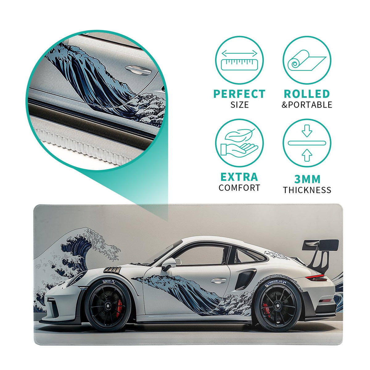 White Ukiyo-e Style Sports Car Large Gaming Mouse Pad Desktop Mat 31.5x11.8 Inch - Non-Slip Rubber