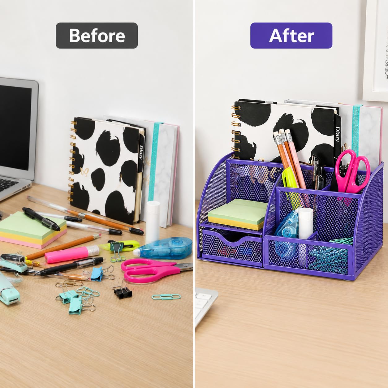 Exerz Metal Mesh Desk Organizer 7 Compartments Drawer Tidy Caddy Purple