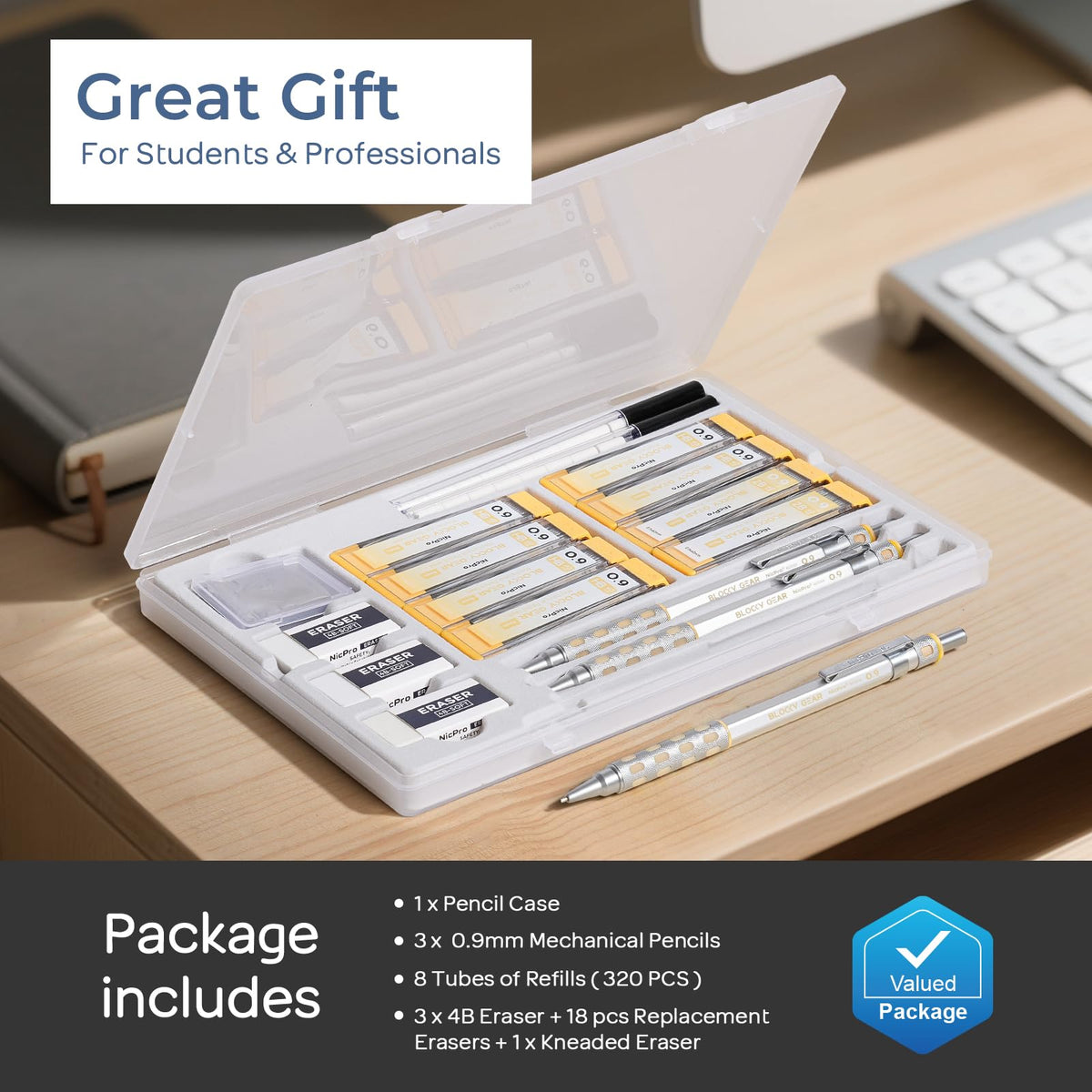 Nicpro Blocky Gear 0.9 mm Mechanical Pencils Set in Case, 3 Pack