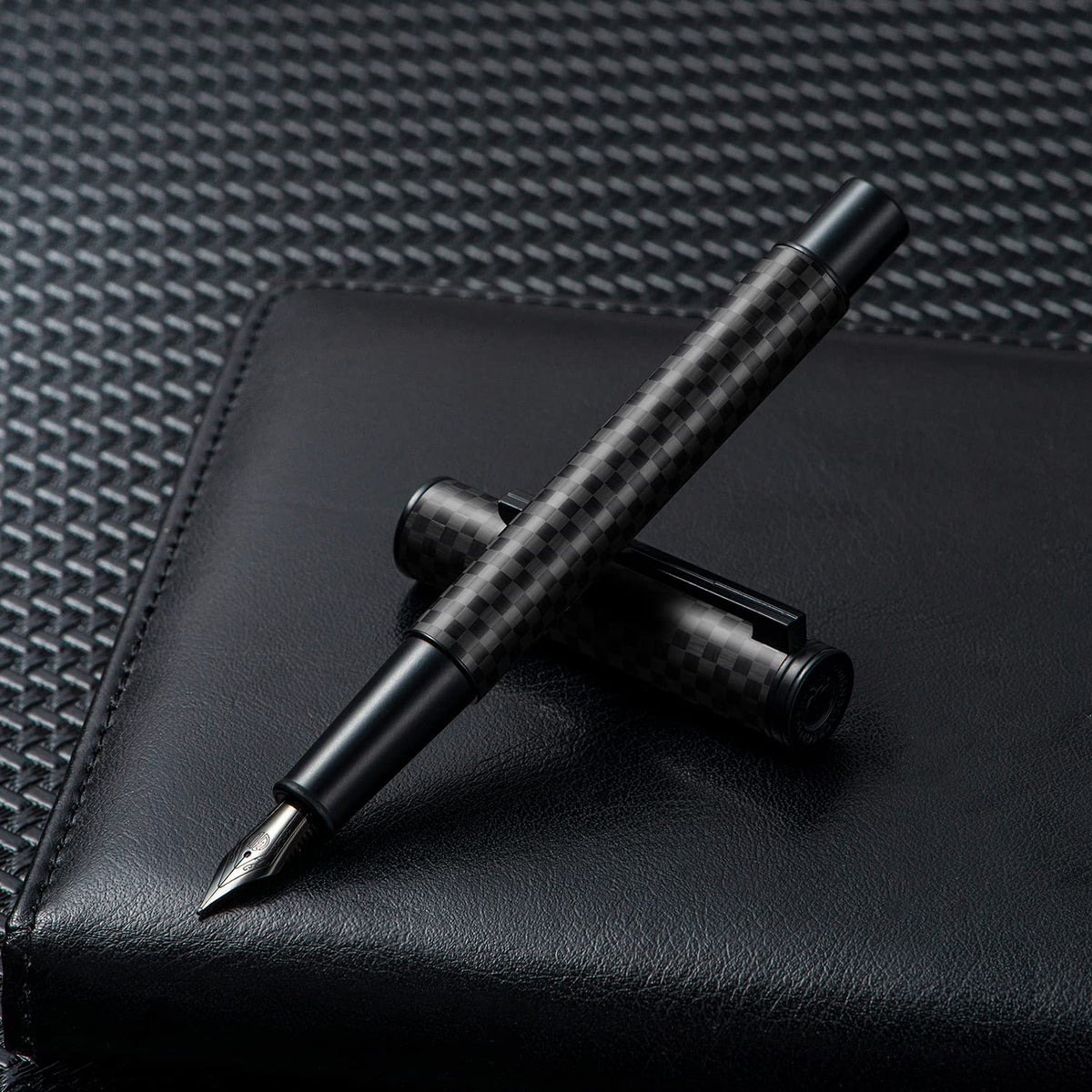 Hongdian Carbon Fiber Fountain Pen Fine Point, Slim Style with Converter and Metal Pen Case, The