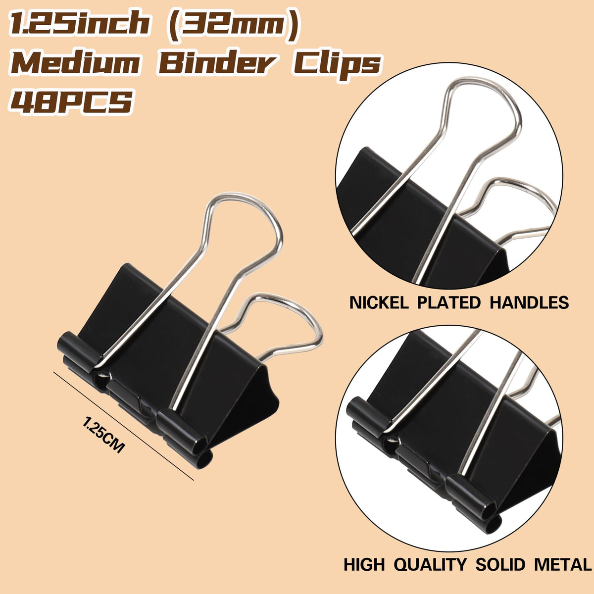 Qimailer Binder Clips, 1.25 Inch, Black, Medium