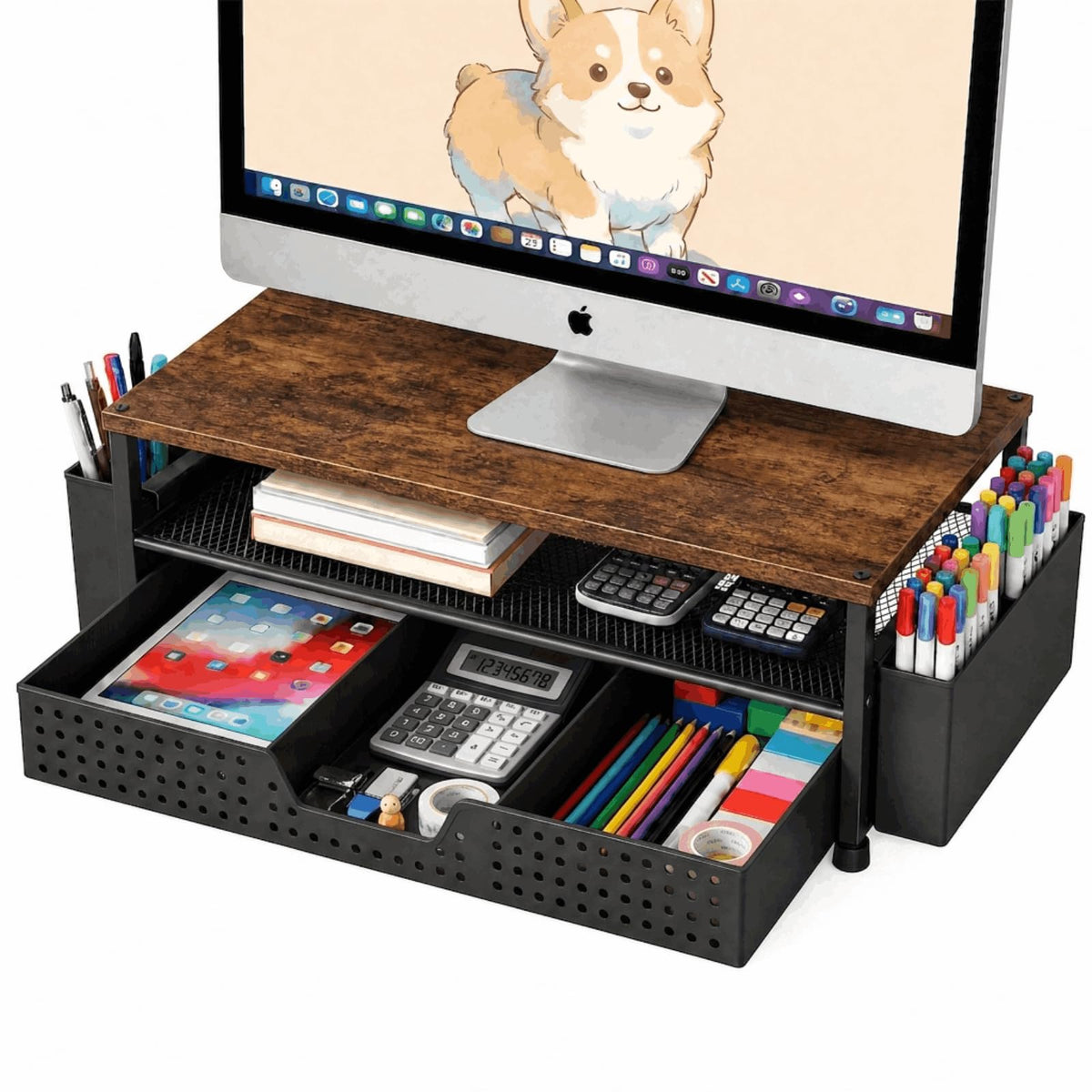 ECOLOVI Desk Organizer and Accessories, 2-Tier Computer Monitor Stand Rise with Storage Drawer & 2