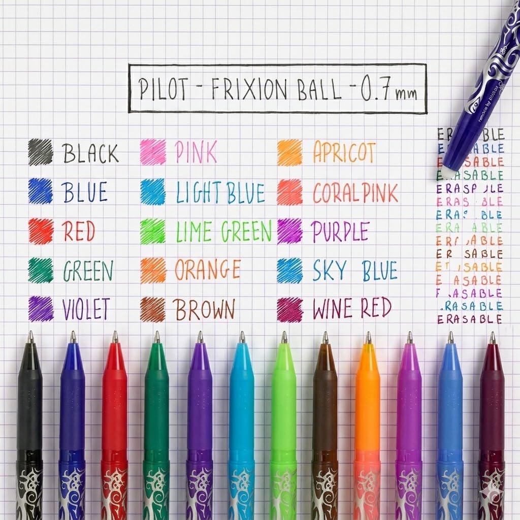 PILOT - Set of 3 FriXion Ball 07 - Erasable Thermosensitive Ink Pen - Refillable Roller Pen