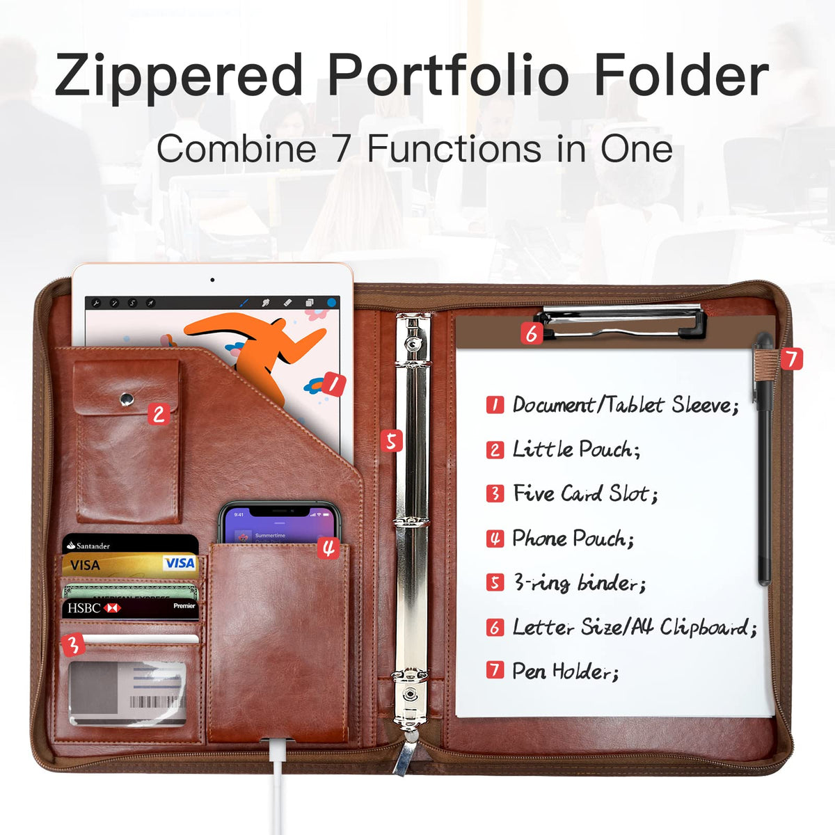 WRIYES Zippered Portfolio Organizer with 3 Ring Binder, Brown