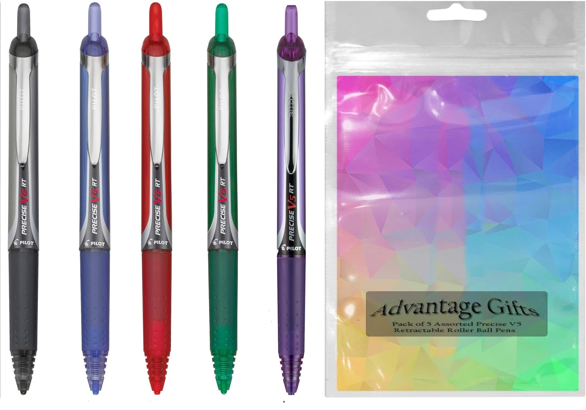 Precise V5 RT Retractable Rollerball Pens, 0.5mm, Multiple Colors, 5-Pack
