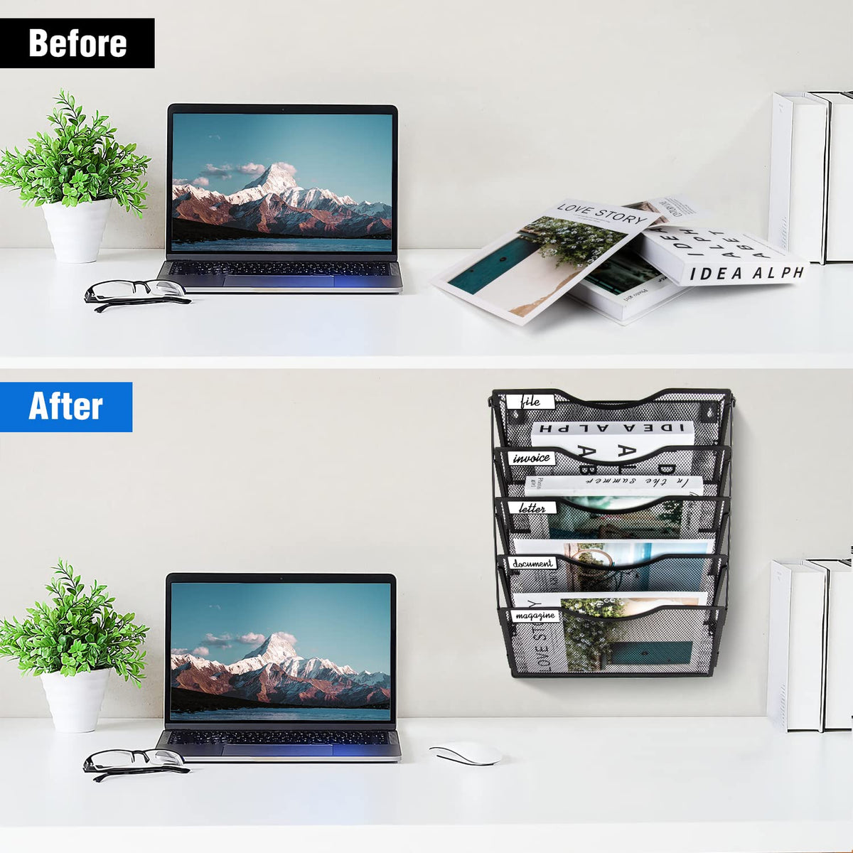 BOHDK Wall File Organizer 5 Pockets, Mail Organizer, Hanging Folder Holder, Foldable | Hanging or