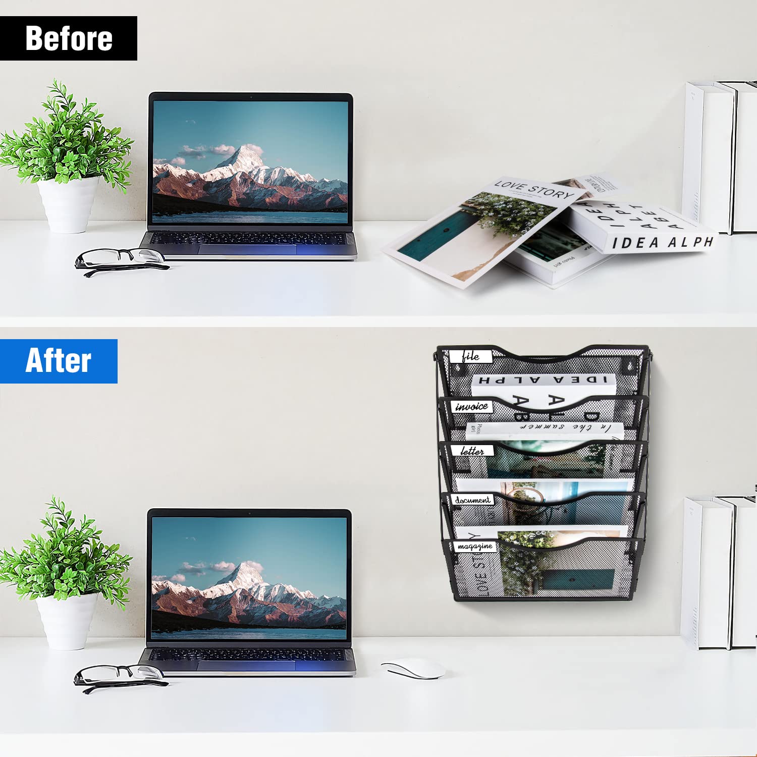 BOHDK Wall File Organizer 5 Pockets, Mail Organizer, Hanging Folder Holder, Foldable | Hanging or