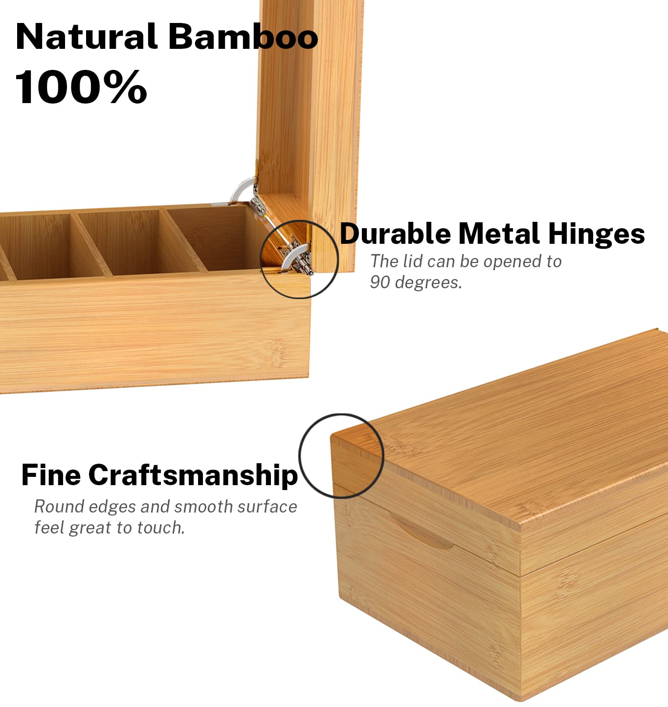 Neando Bamboo Index Card Holder for 3x5 Cards – Wooden Organizer with Lid, 4 Compartments, 600-Card
