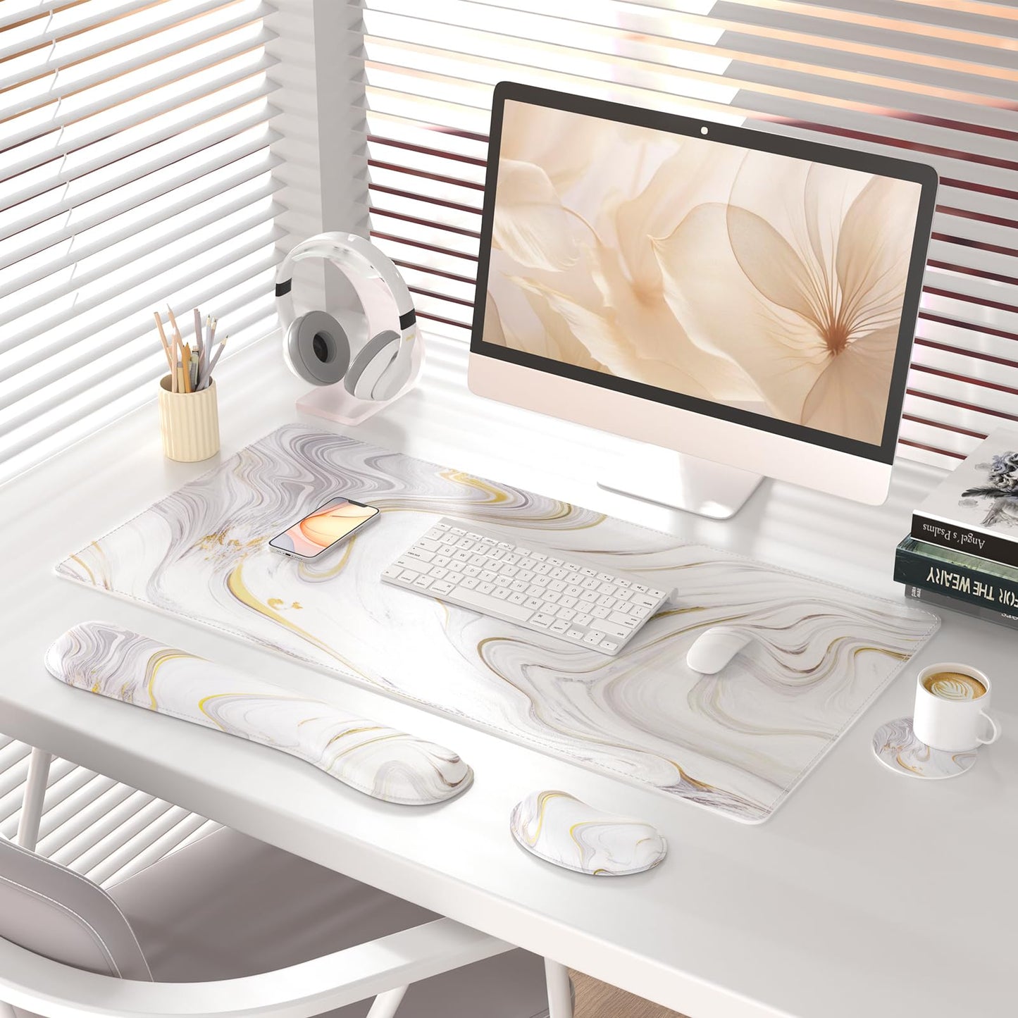 QiyI PU Leather Desk Mat Set, 4-in-1 Ergonomic Wrist Rest, White Marble