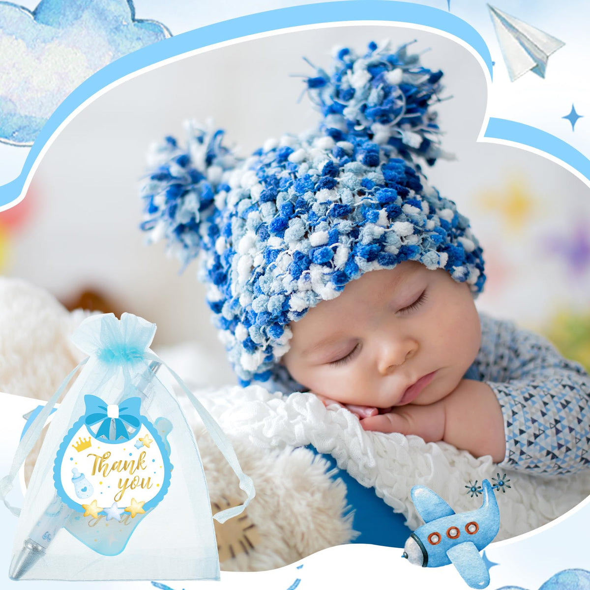 Chuangdi 50 Sets Boy Blue Shower Favors for Guests – 50 Ballpoint Pens with Organza Gift Bags &