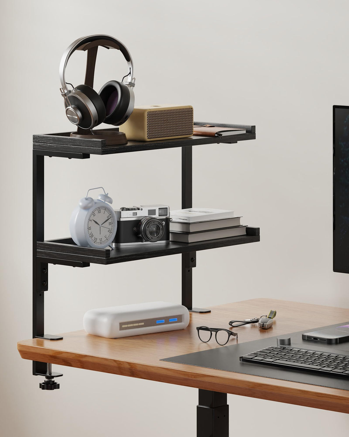 ART-GIFTREE Clamp On Desk Shelf 2-Tier, 16.5 in Wood Shelving Unit for Office Desk/Gaming