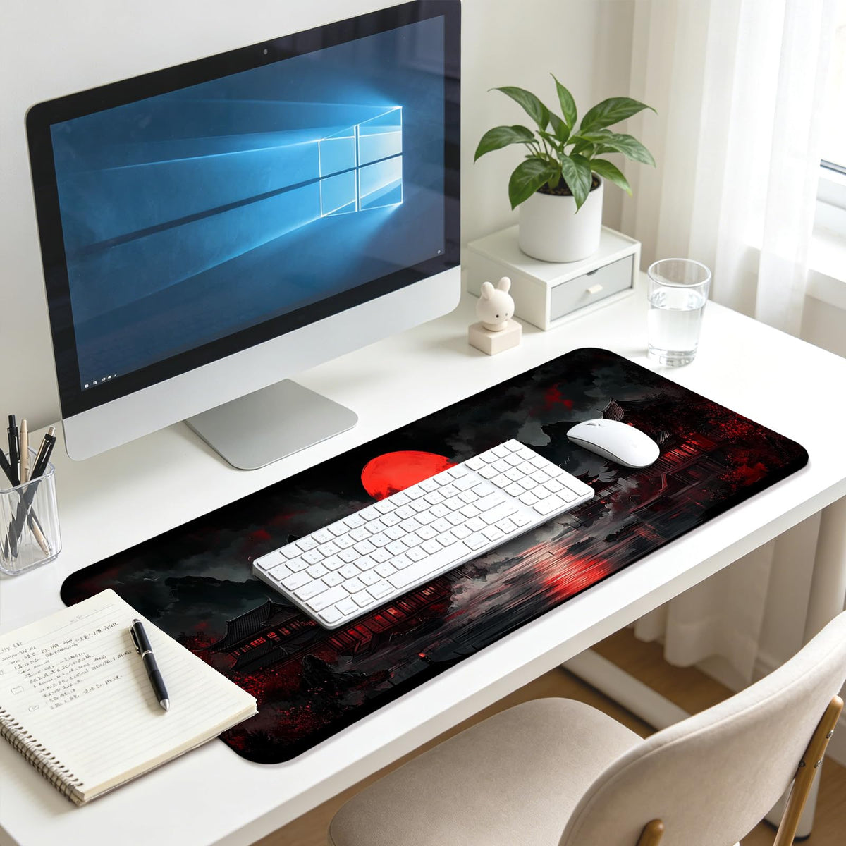 JIANG100 Moonlit Japanese Lake Scene Gaming Desk Mat, XL Extended Mouse Pad