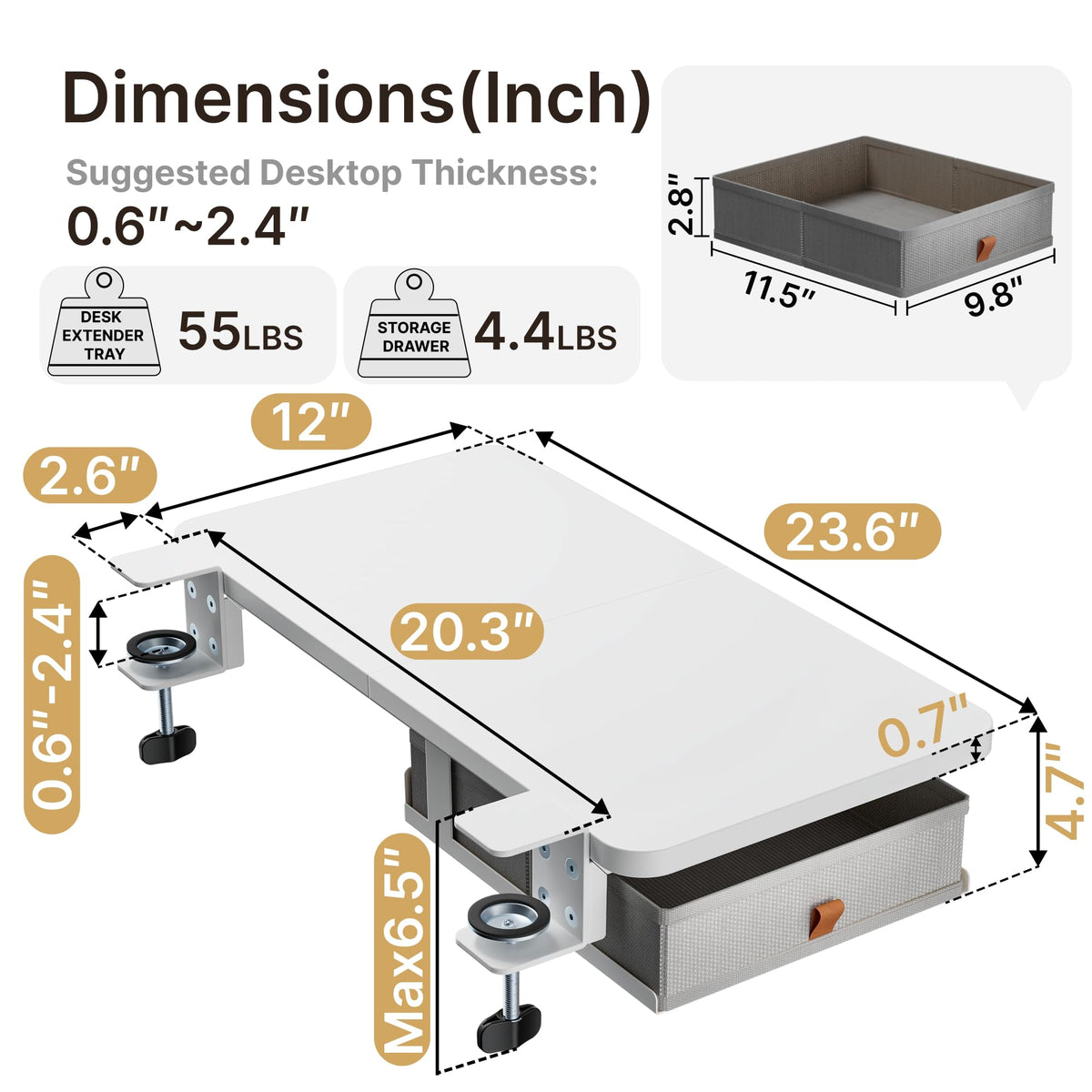 PEGZONE Desk Extender Tray, 24" x 12", with Storage Drawer, Medium, White