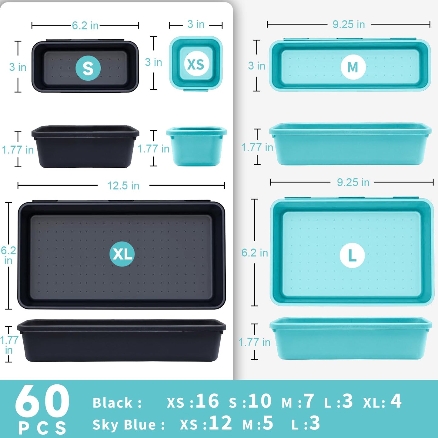 FLYVOLE Tool Box Organizer Tray, 60 PCS & 5 Sizes, Black and Sky Blue
