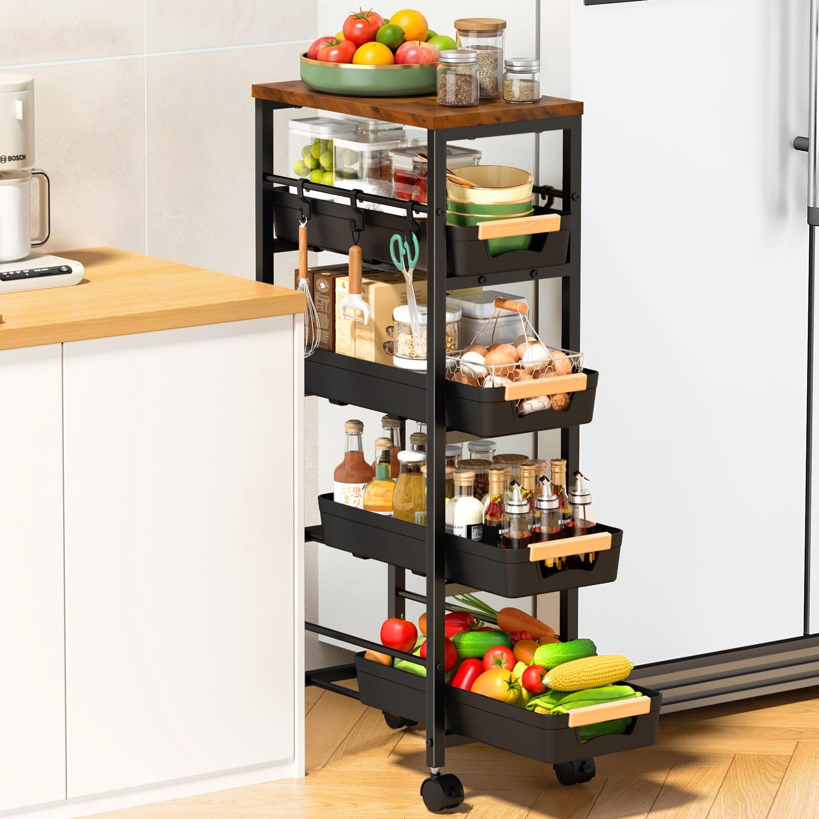 SUNALLY Slim Storage Cart with Wheels, Narrow Kitchen Rolling Cart, Black