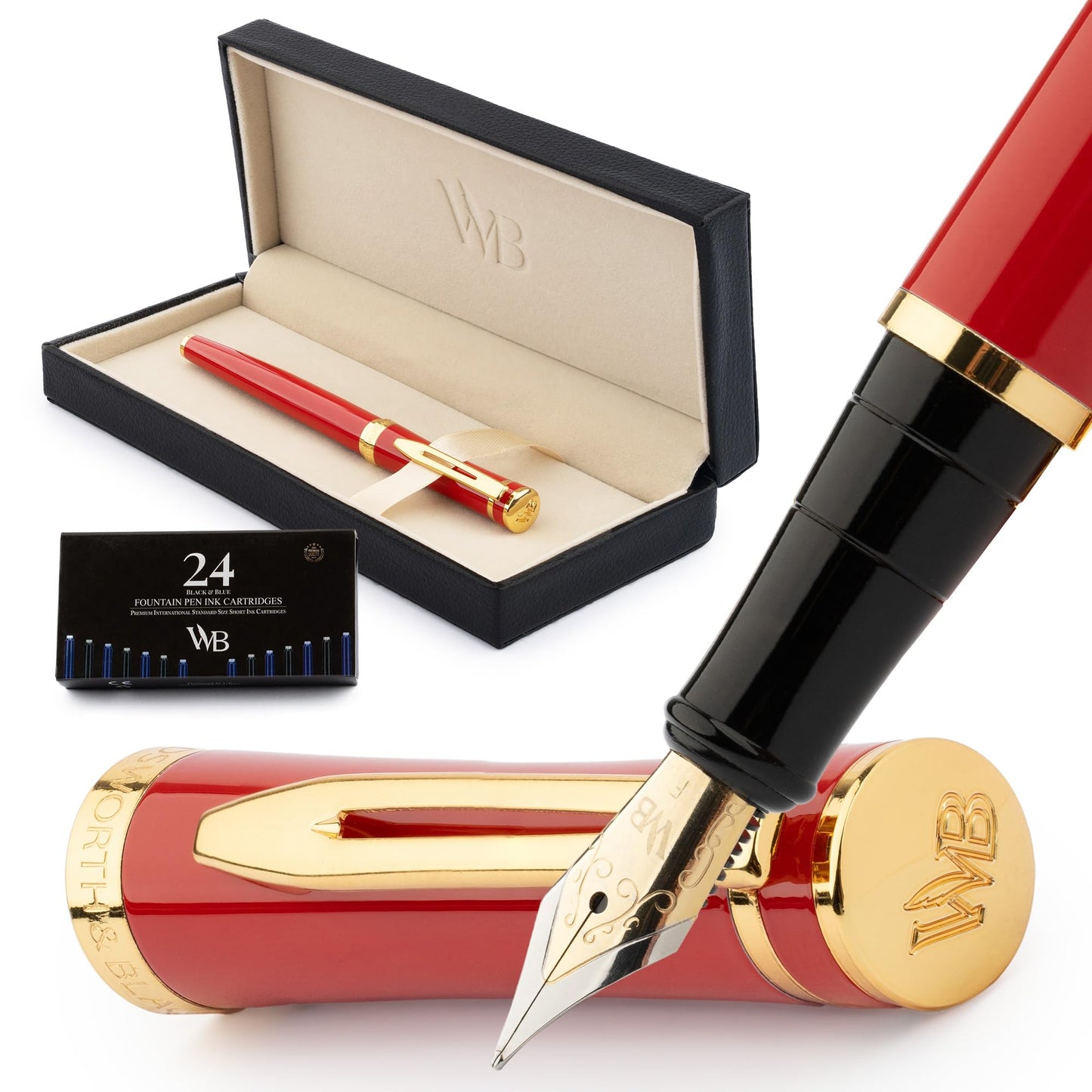 Wordsworth & Black Luxury Fountain Pen Set for Writing, Fine Nib, Red
