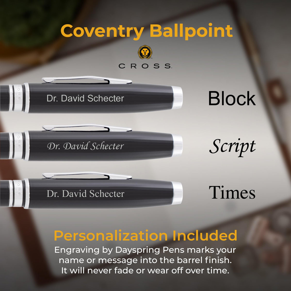 Cross Coventry Personalized Ballpoint Pen in Black Lacquer with Chrome Trim