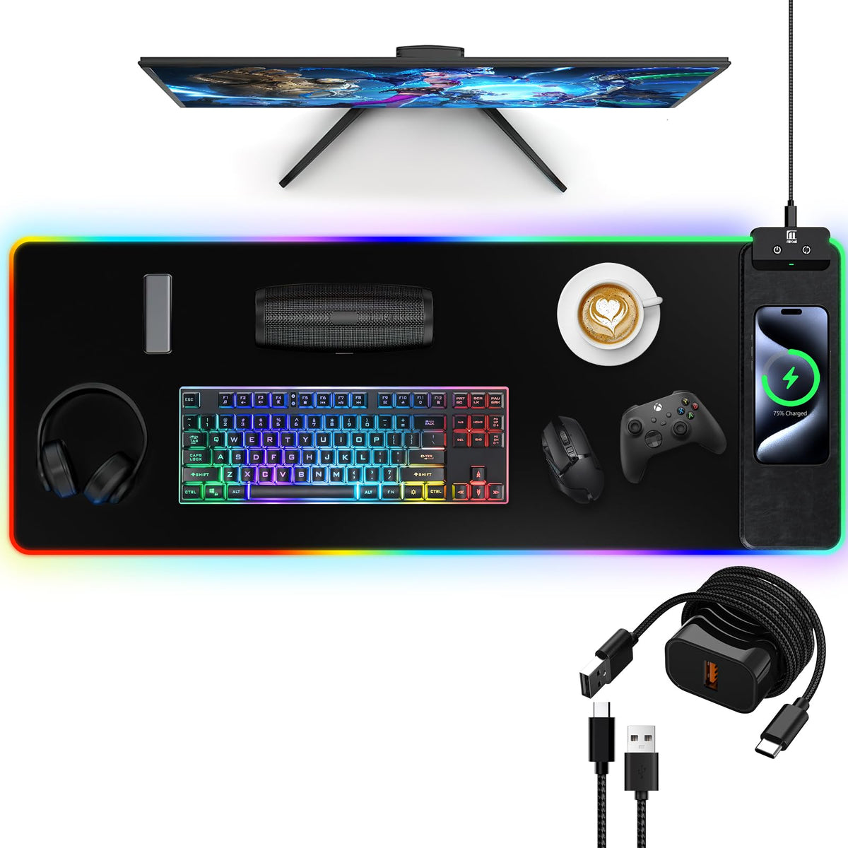 Mouse Pad with Wireless Charging, Large Desk Mat RGB Gaming Mousepad, 10 Light Colors LED Gaming