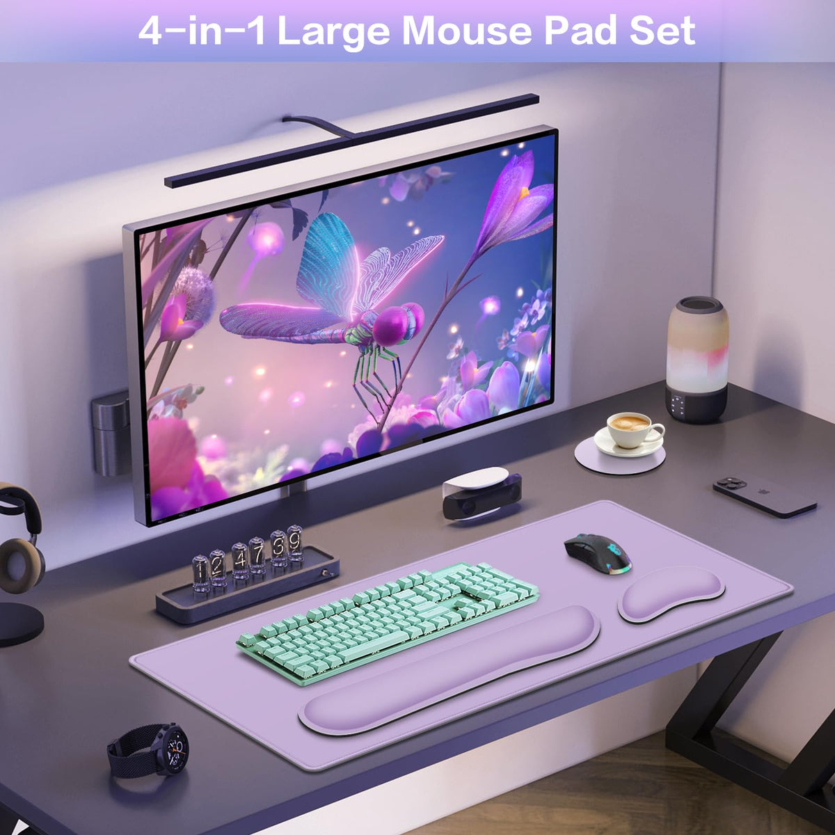 Desk Mat Purple, Large Gaming Mouse Pad with Wrist Rest, 4in1 XXL