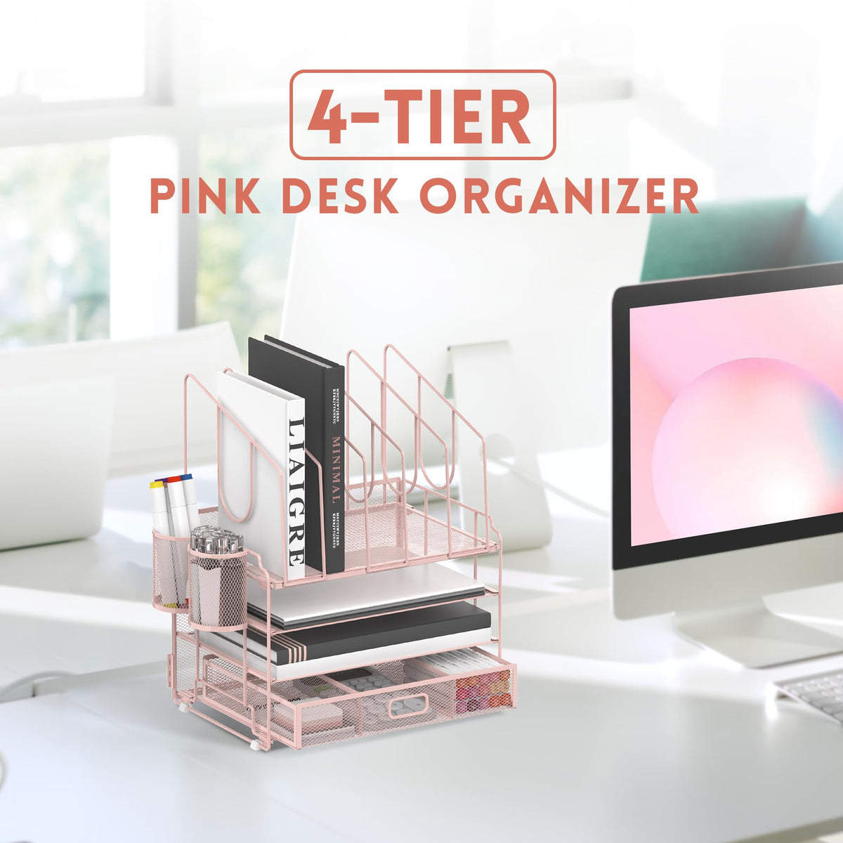 DALTACK 4-Tier Mesh Desk Organizer with Drawer, Desktop Organizer with 5 Vertical File Holders and