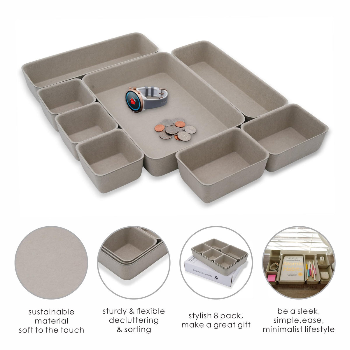 Welaxy Office Felt Desk Drawer Organizer Tray 8pc Stone Natural Storage Bin