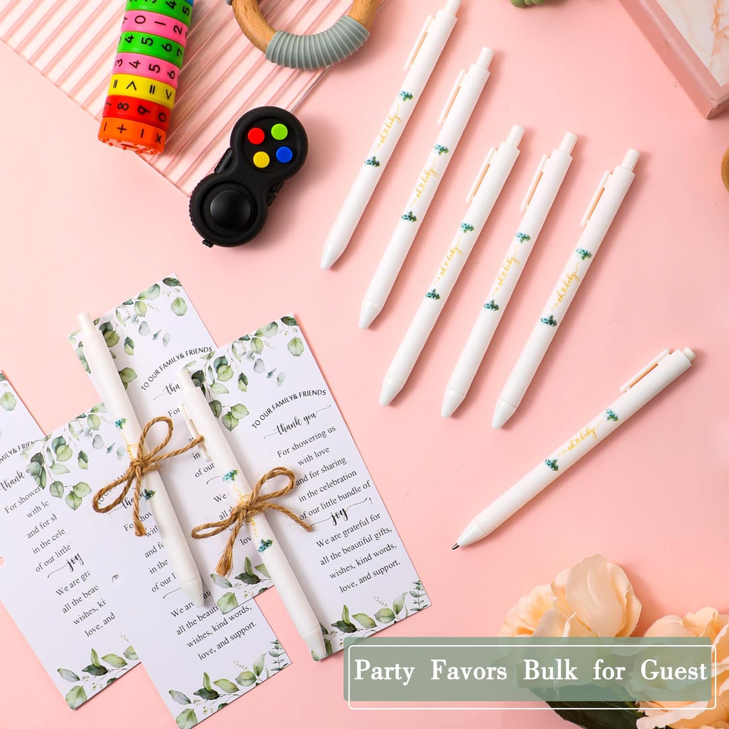 50 Set Baby Shower Pens Greenery Sage Ballpoint Pens with Woodland Cards