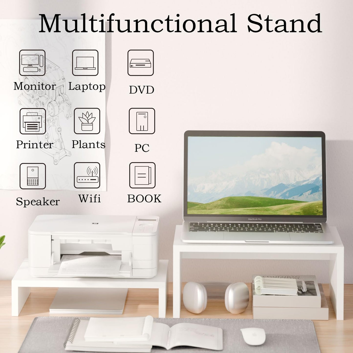 TEAMIX 2-Pack White Monitor & Laptop Stand Riser, High-Low Dual Monitor Set