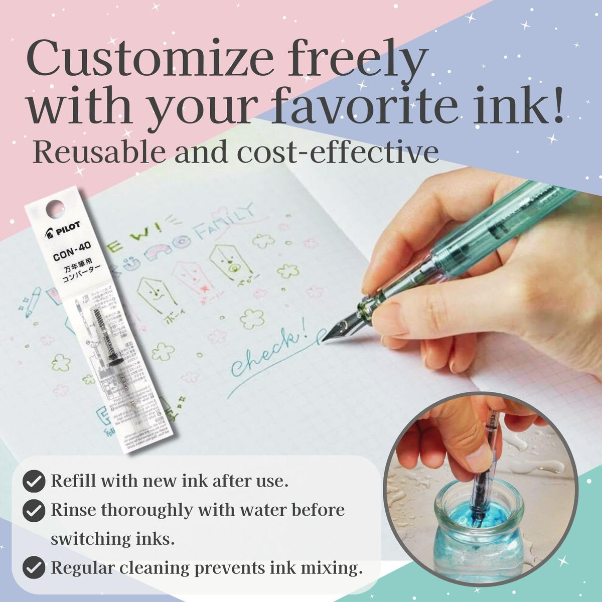 Someie Fountain Pen Set CON-40 Converter & Kakuno Fine Nib with Black Ink Cartridge & Sticky Notes