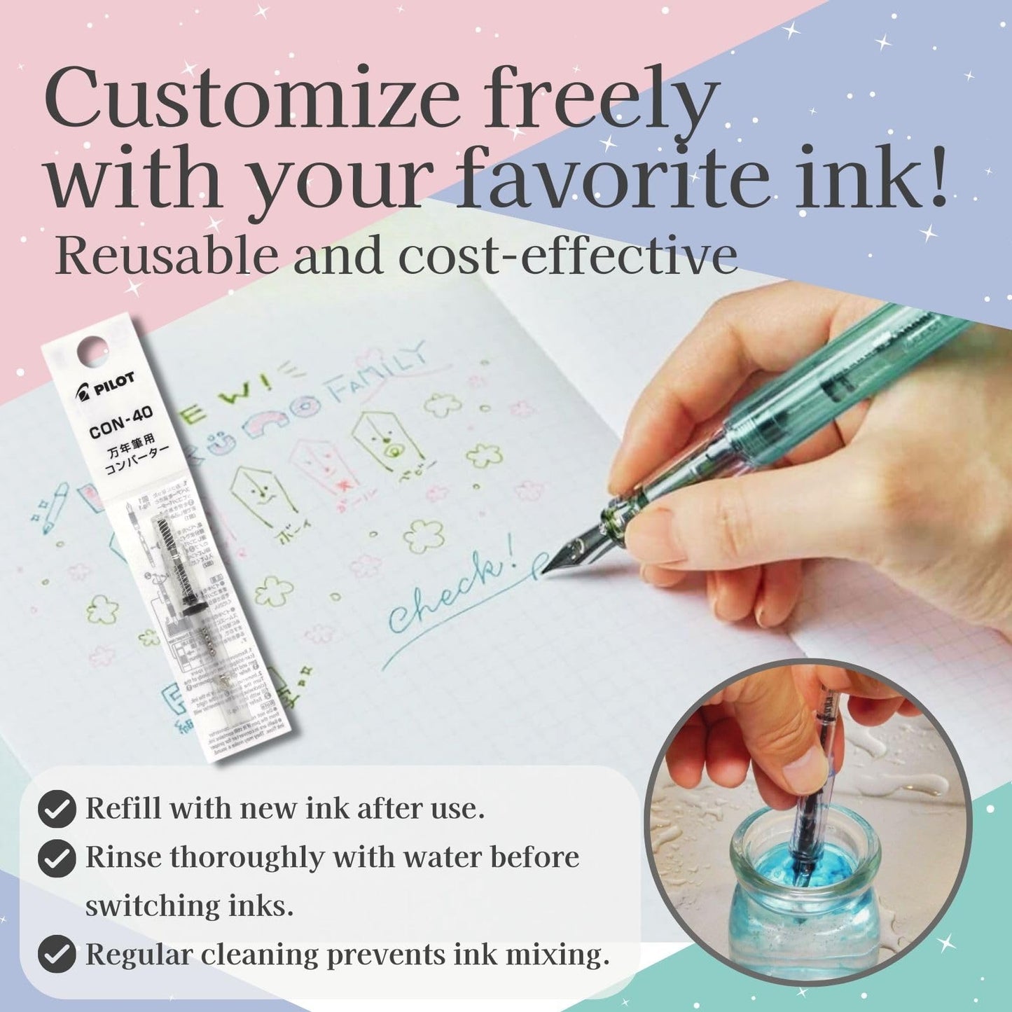 Someie Fountain Pen Set CON-40 Converter & Kakuno Fine Nib with Black Ink Cartridge & Sticky Notes