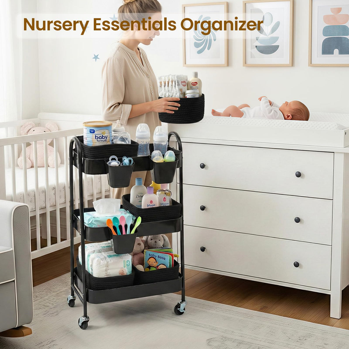 3-Tier Rolling Utility Cart with 4 Woven Baskets, Diaper Book Snack Cart, Storage Organizer for