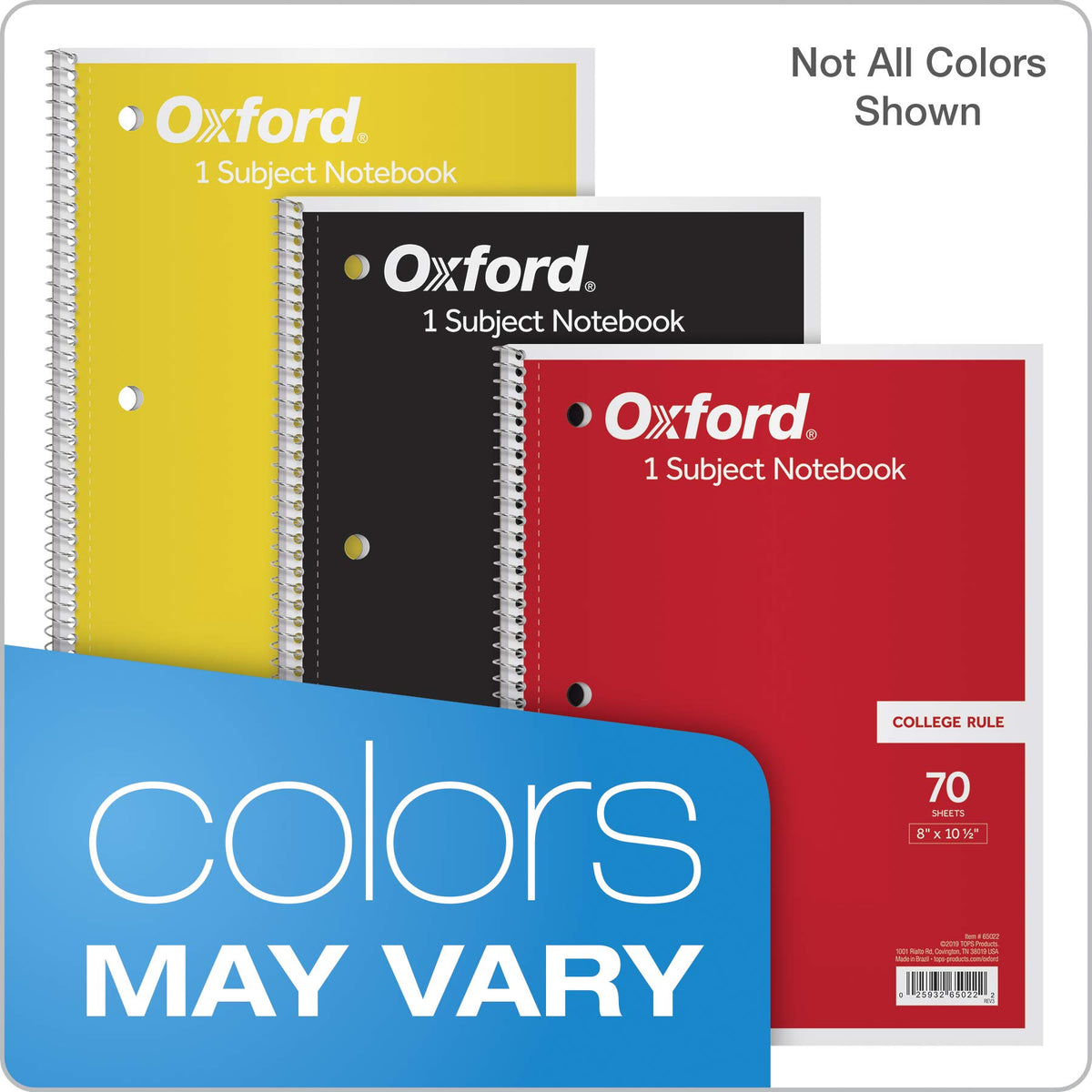 Oxford Spiral Notebook 6 Pack, 1 Subject, College Ruled Paper, 8 x 10-1/2 Inch, Color Assortment