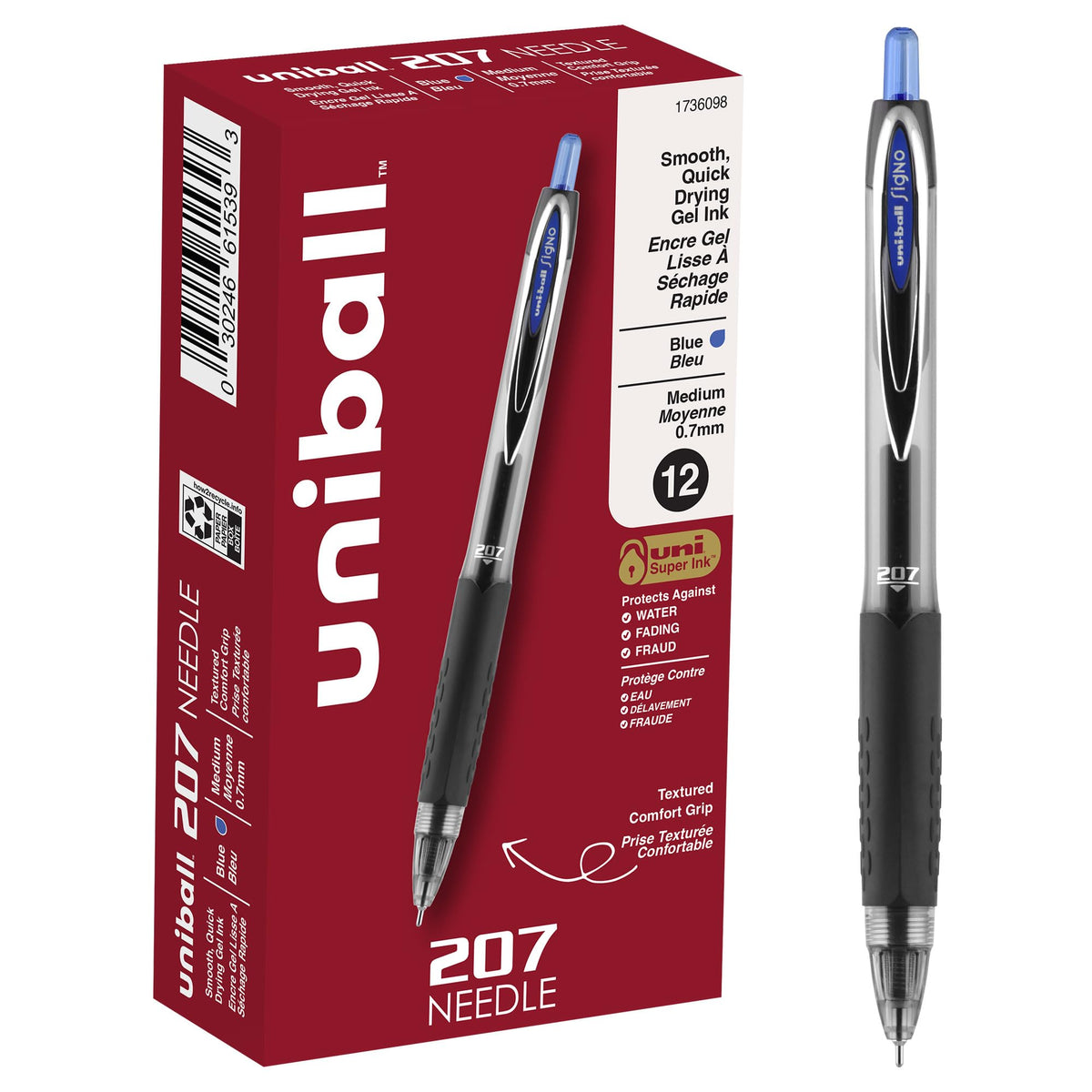 uniball™ 207 Needle Gel Pens, Medium Point (0.7mm), Blue, 12 Pack