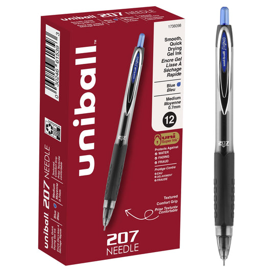uniball™ 207 Needle Gel Pens, Medium Point (0.7mm), Blue, 12 Pack